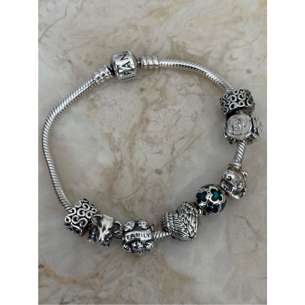 Pandora ALE 925 Sterling Silver Charm Bracelet w/ 6 Charms + 2 Clips